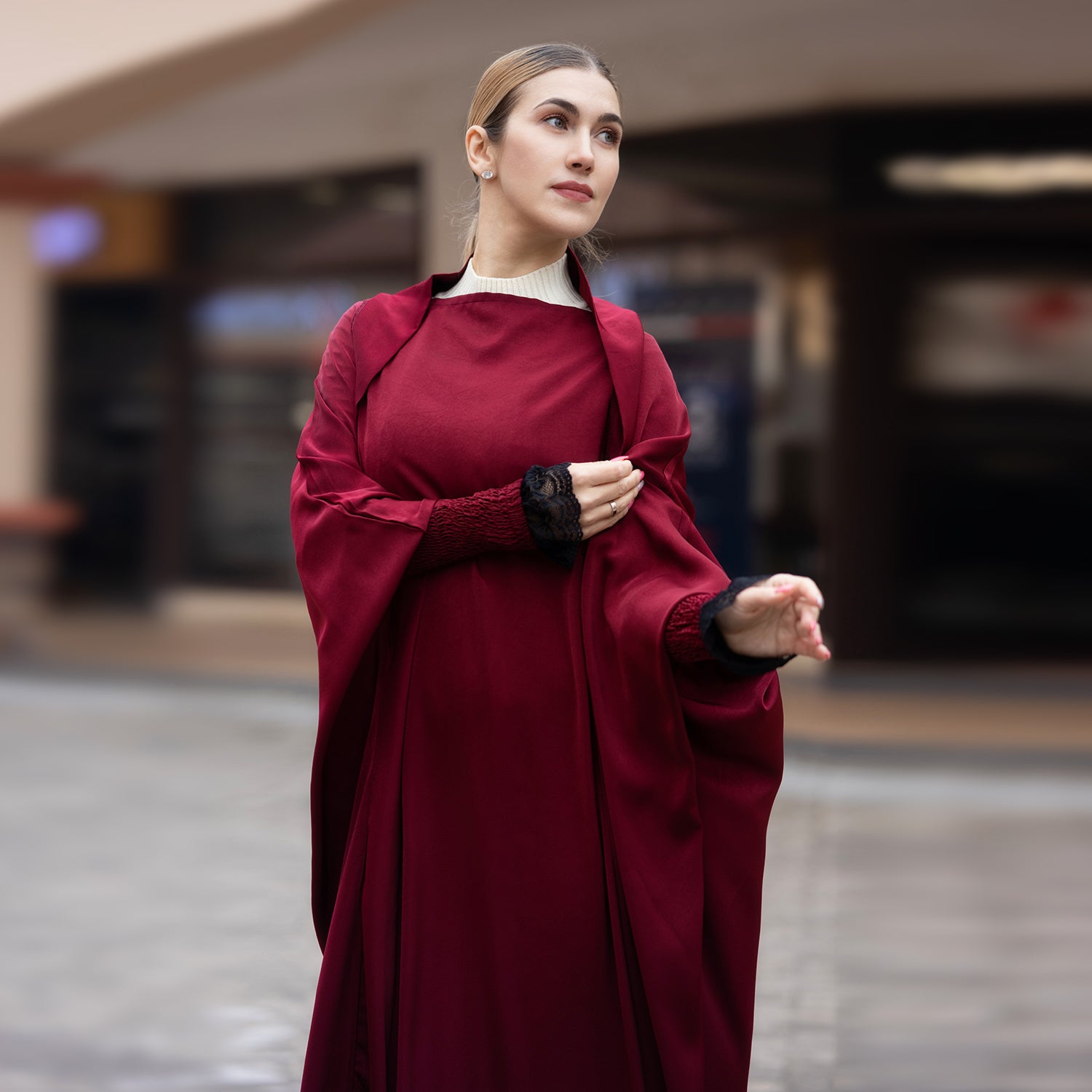 Bloedrood Zijdezachte Satijn Onepiece Jilbab