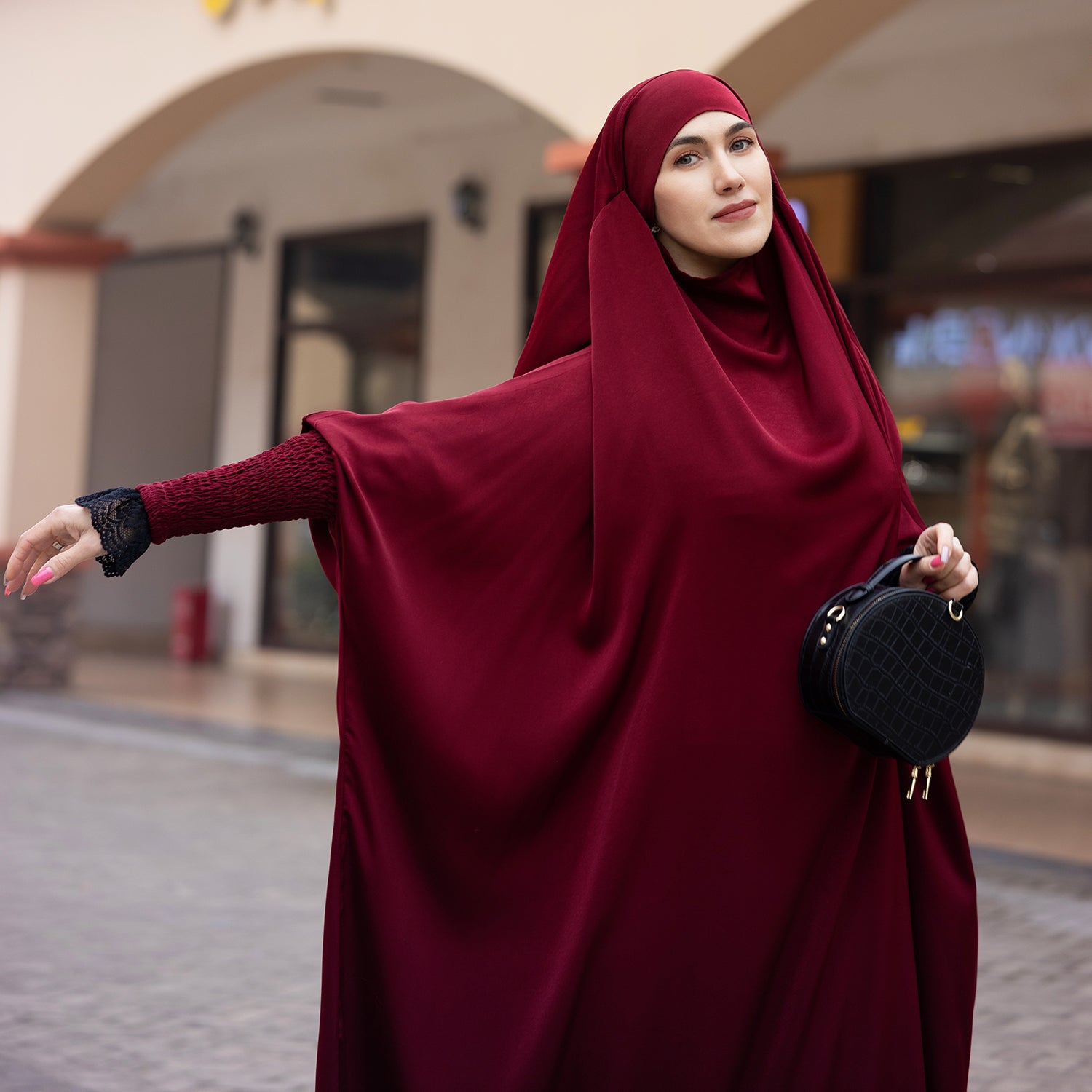 Bloedrood Zijdezachte Satijn Onepiece Jilbab