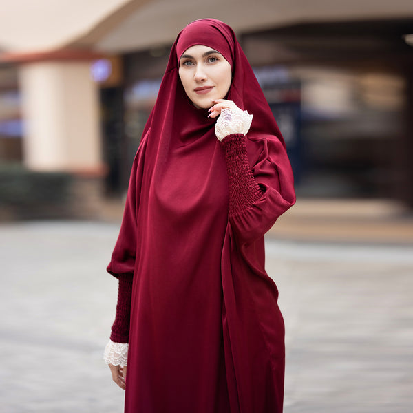 Bloedrood Zijdezachte Satijn Onepiece Jilbab