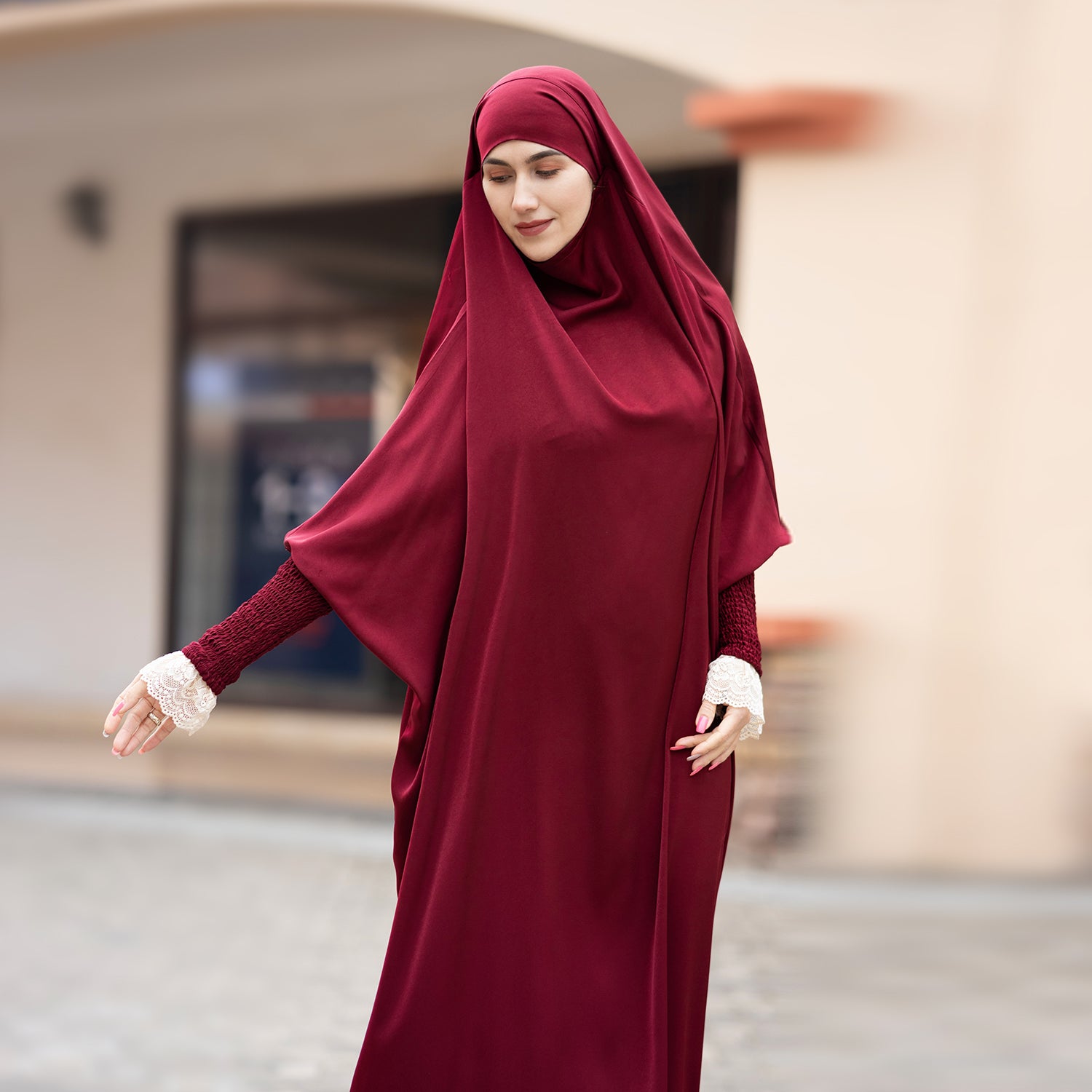 Bloedrood Zijdezachte Satijn Onepiece Jilbab