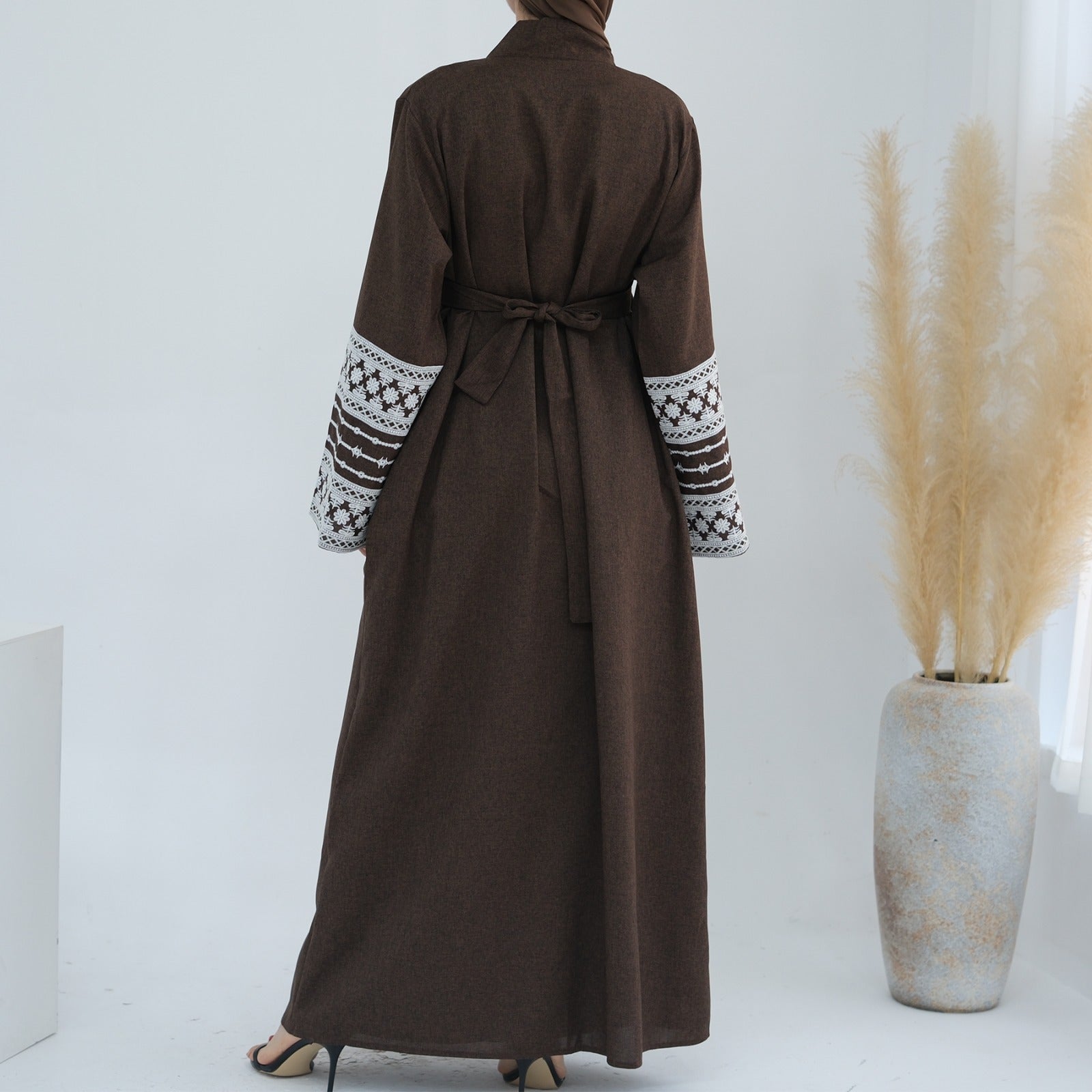 Espressobruin Geborduurde Kimono Abaya Jurk