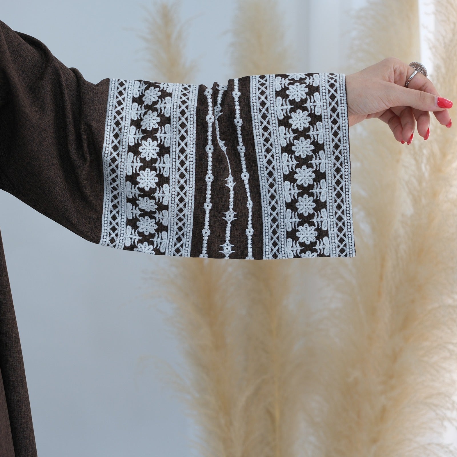 Espressobruin Geborduurde Kimono Abaya Jurk