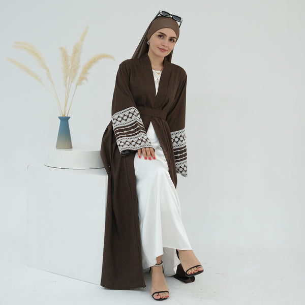 Espressobruin Geborduurde Kimono Abaya Jurk