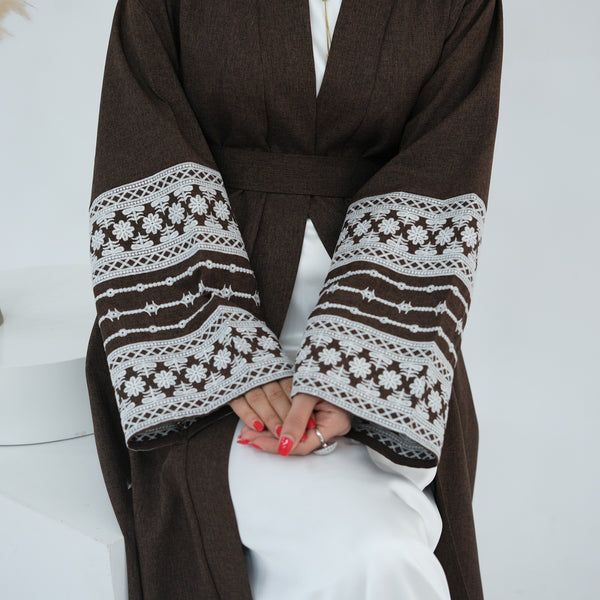 Espressobruin Geborduurde Kimono Abaya Jurk