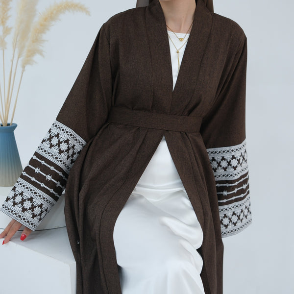 Espressobruin Geborduurde Kimono Abaya Jurk