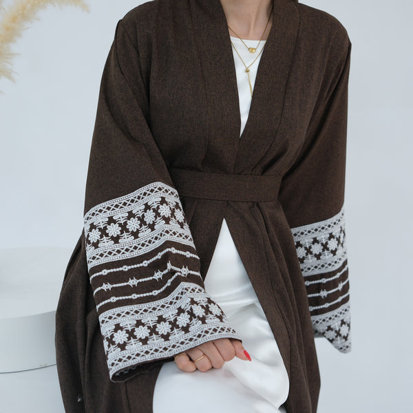 Espressobruin Geborduurde Kimono Abaya Jurk