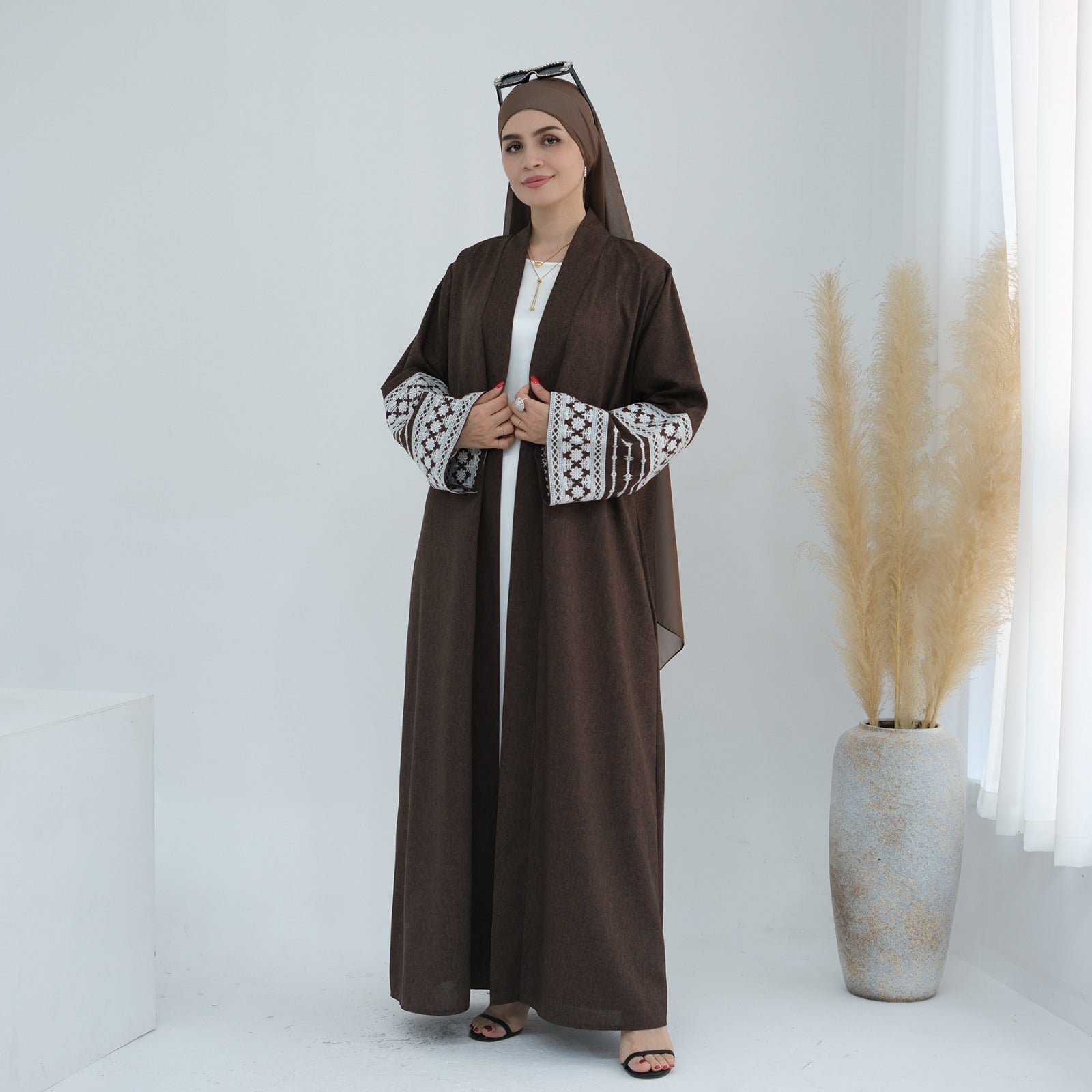 Espressobruin Geborduurde Kimono Abaya Jurk