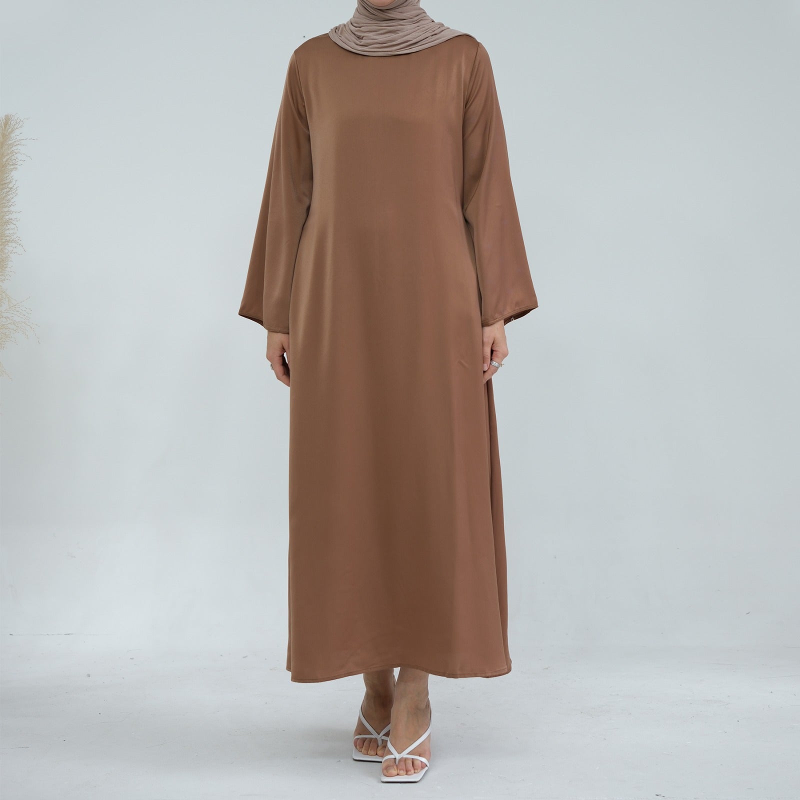 Karamelbruin Zijdezachte Satijn Abaya Jurk