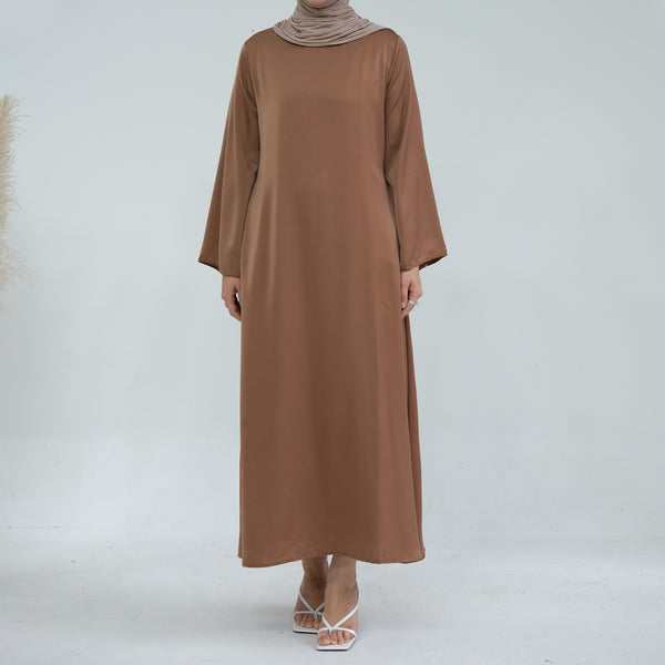 Karamelbruin Zijdezachte Satijn Abaya Jurk