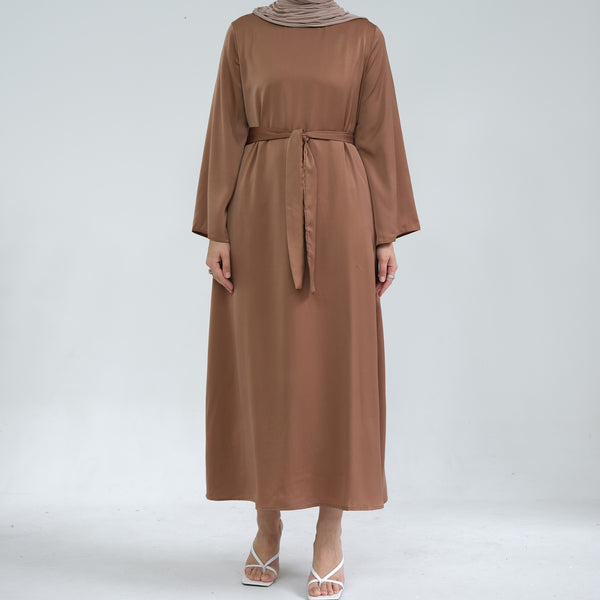 Karamelbruin Zijdezachte Satijn Abaya Jurk