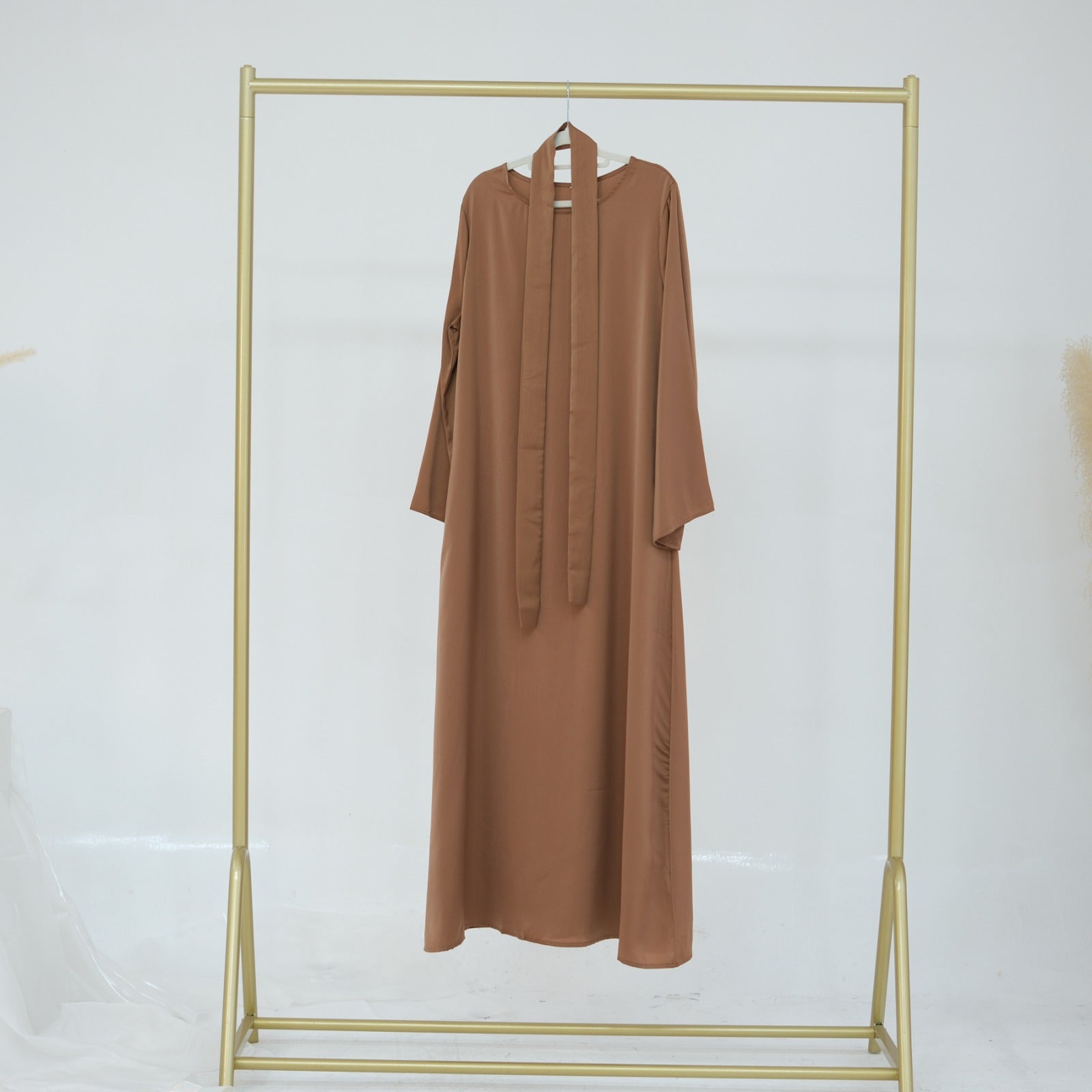 Karamelbruin Zijdezachte Satijn Abaya Jurk