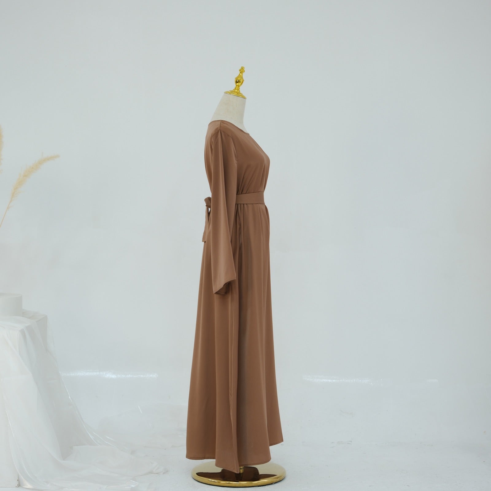 Karamelbruin Zijdezachte Satijn Abaya Jurk