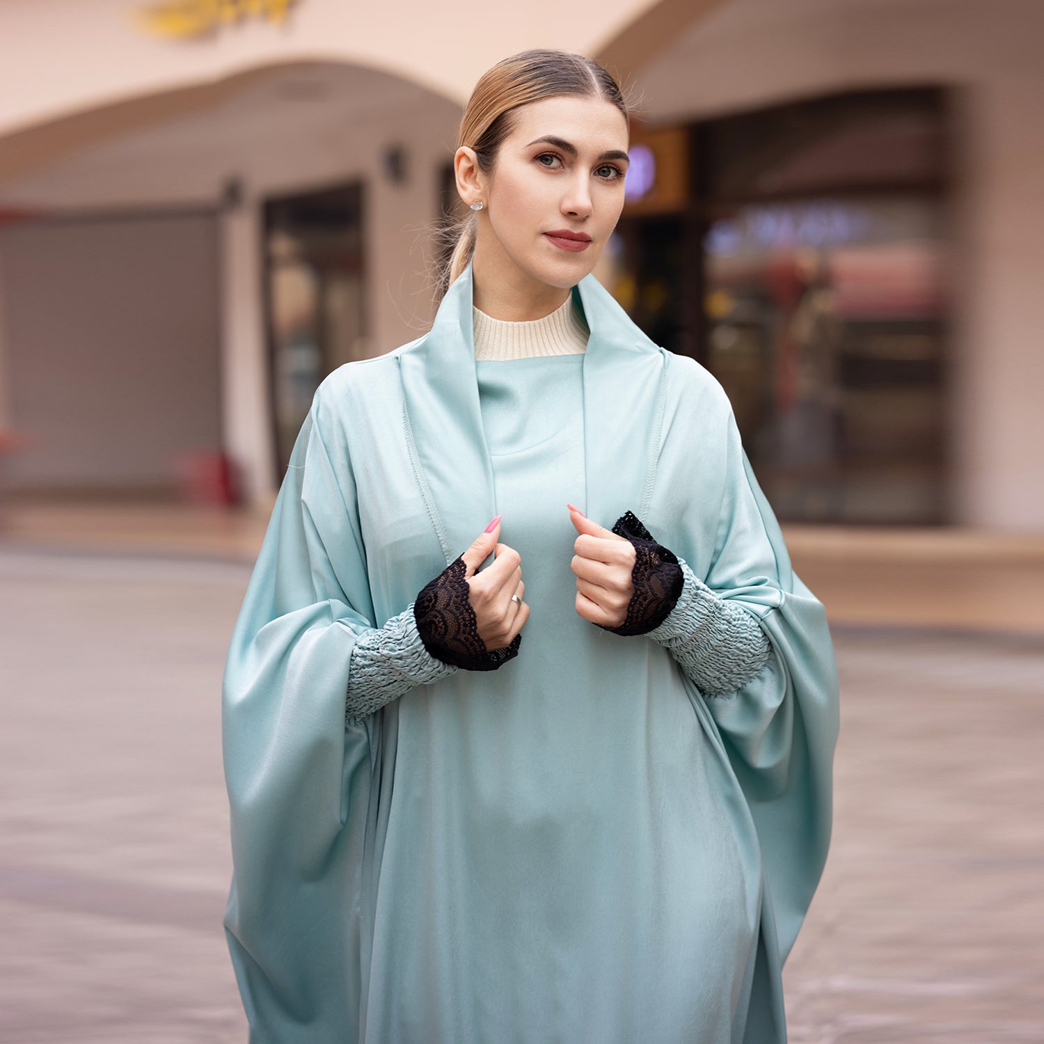 Mintgroen Zijdezachte Satijn Onepiece Jilbab