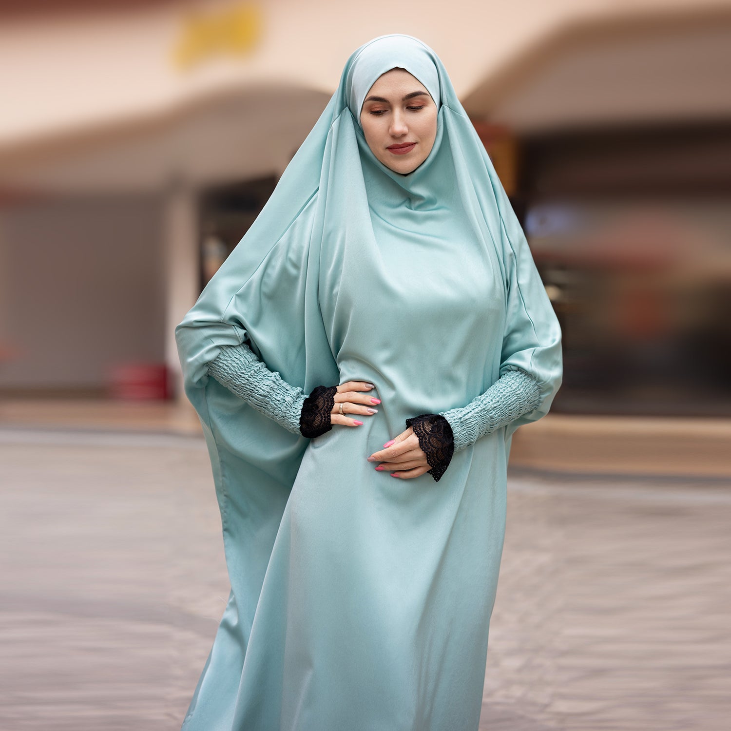 Mintgroen Zijdezachte Satijn Onepiece Jilbab