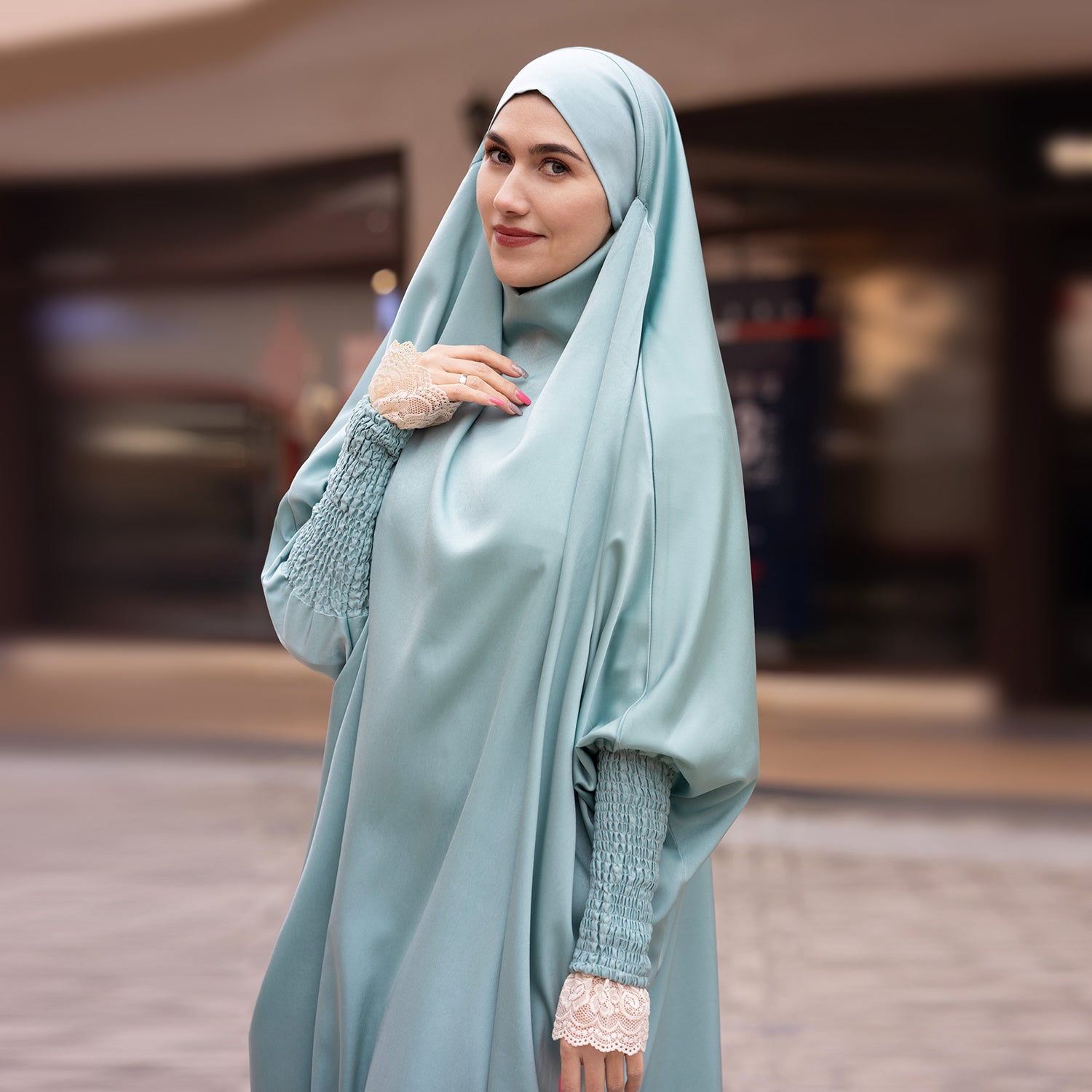 Mintgroen Zijdezachte Satijn Onepiece Jilbab