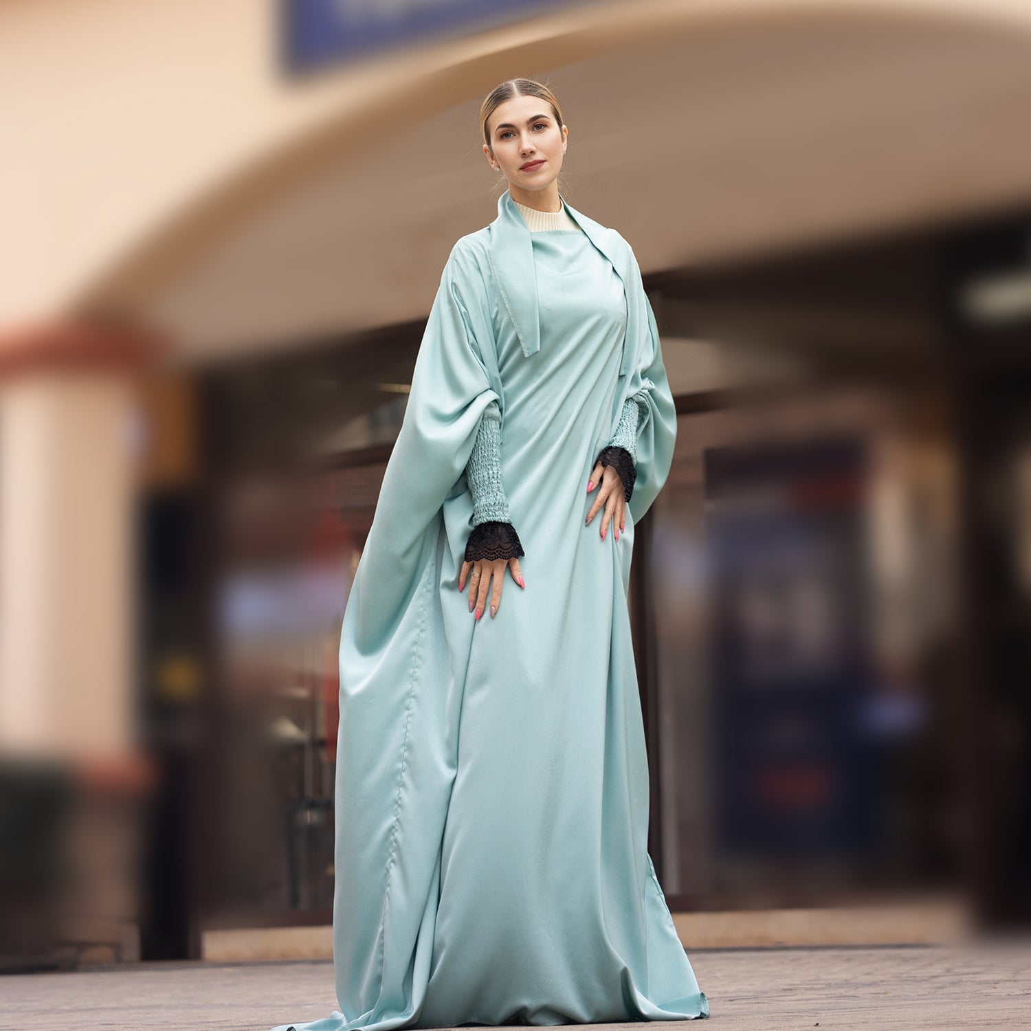 Mintgroen Zijdezachte Satijn Onepiece Jilbab