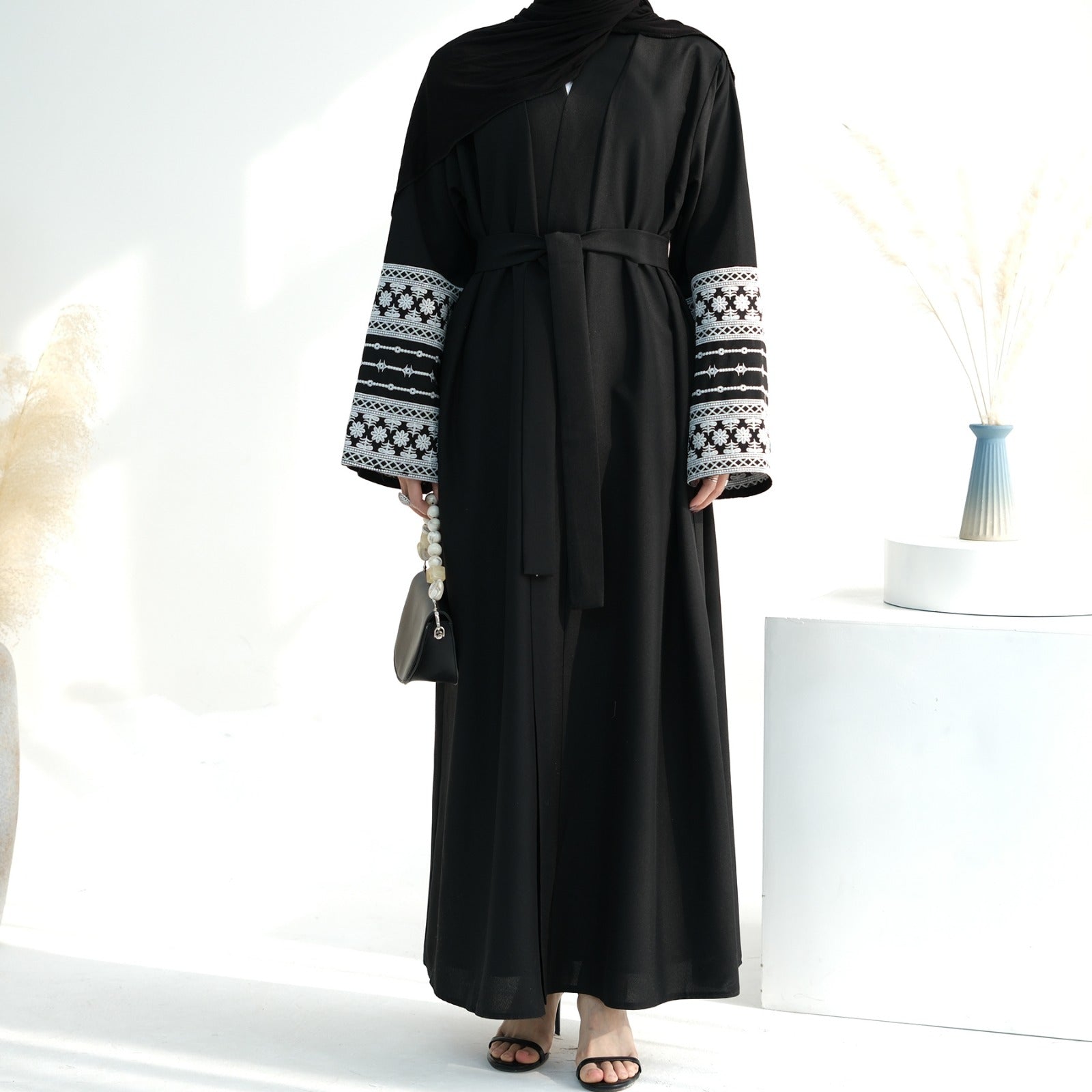 Nachtzwart Geborduurde Kimono Abaya Jurk