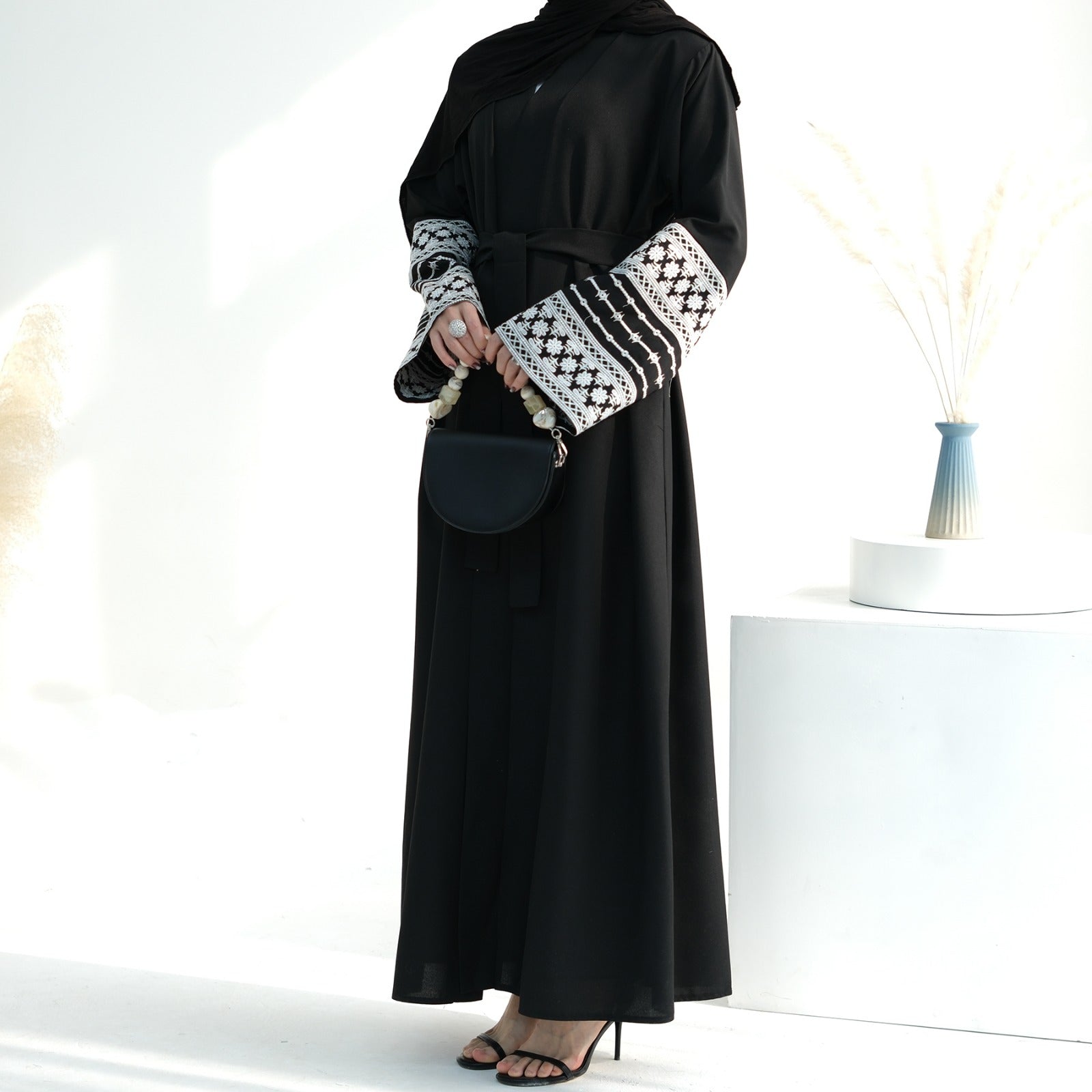 Nachtzwart Geborduurde Kimono Abaya Jurk