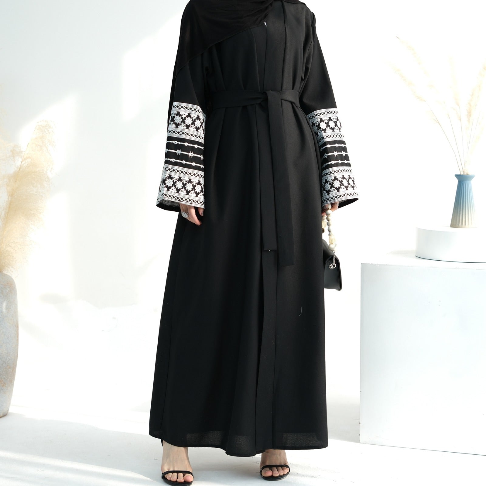 Nachtzwart Geborduurde Kimono Abaya Jurk