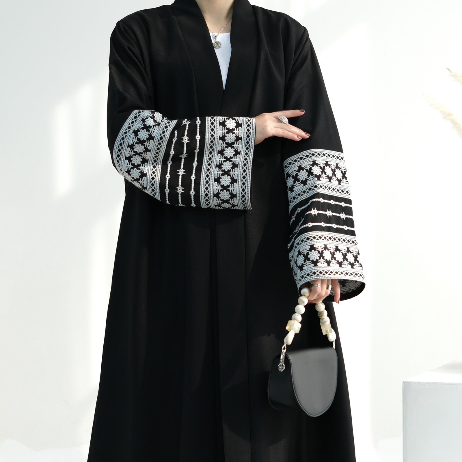 Nachtzwart Geborduurde Kimono Abaya Jurk