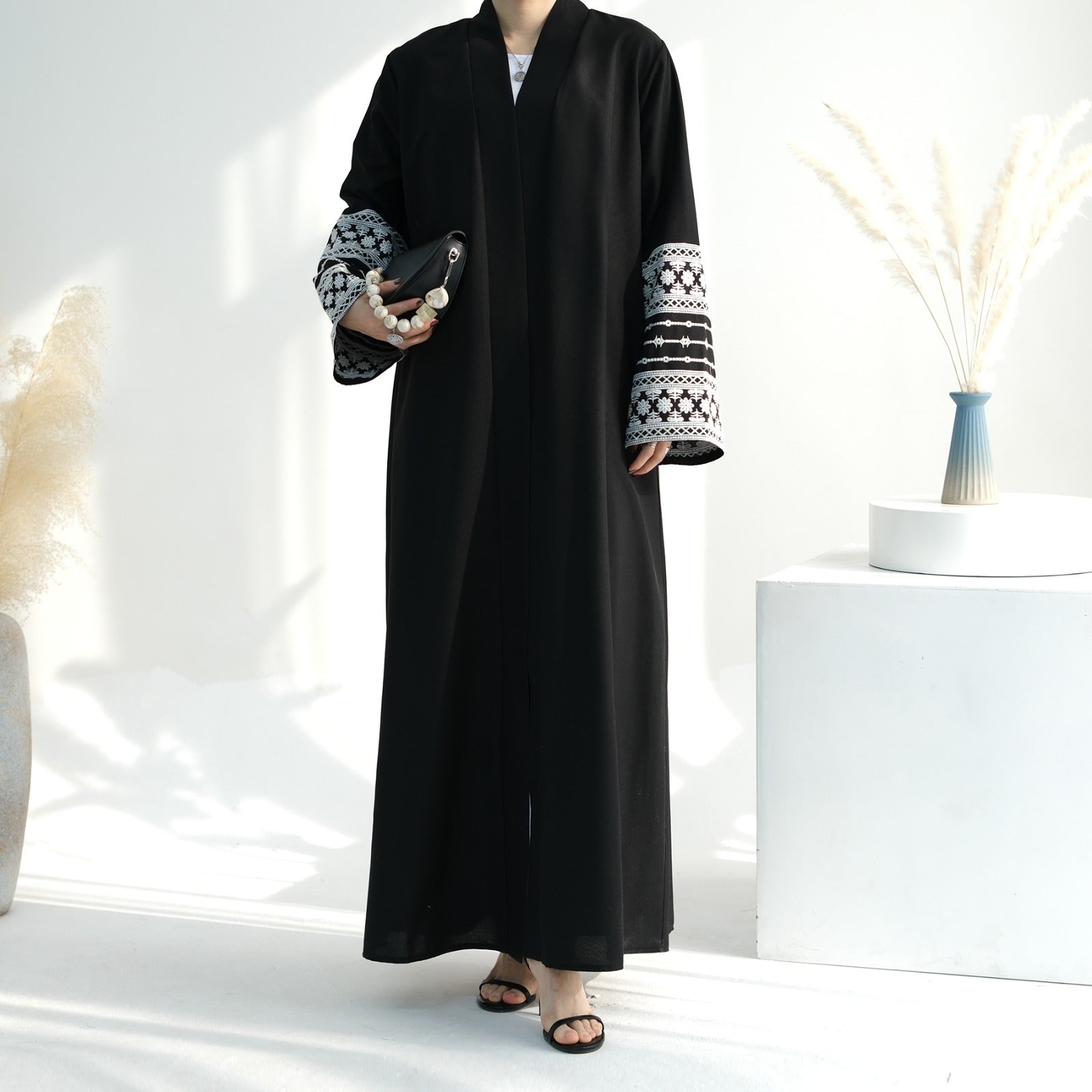 Nachtzwart Geborduurde Kimono Abaya Jurk