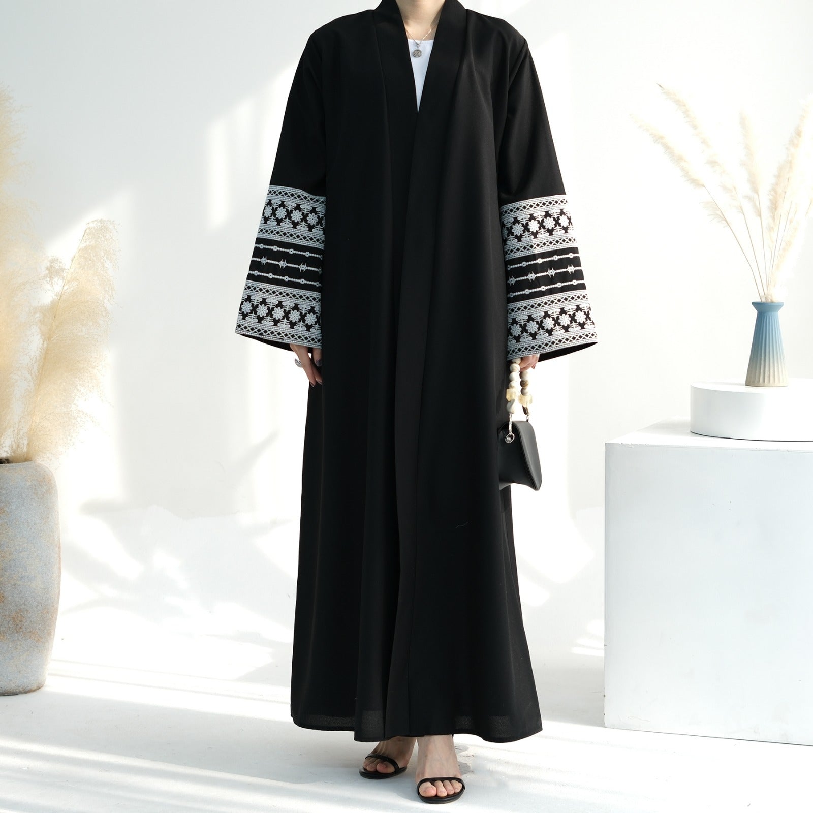 Nachtzwart Geborduurde Kimono Abaya Jurk