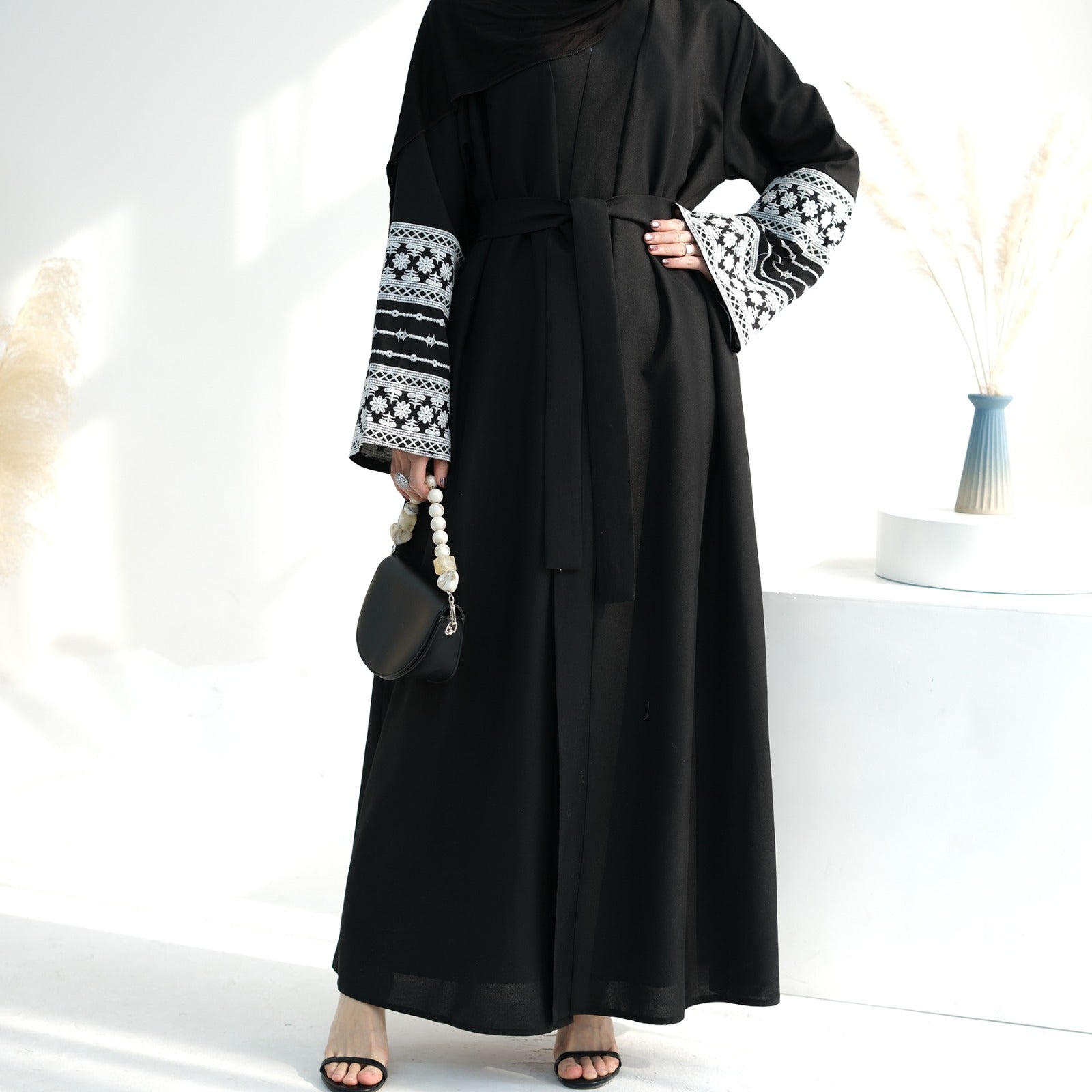 Nachtzwart Geborduurde Kimono Abaya Jurk