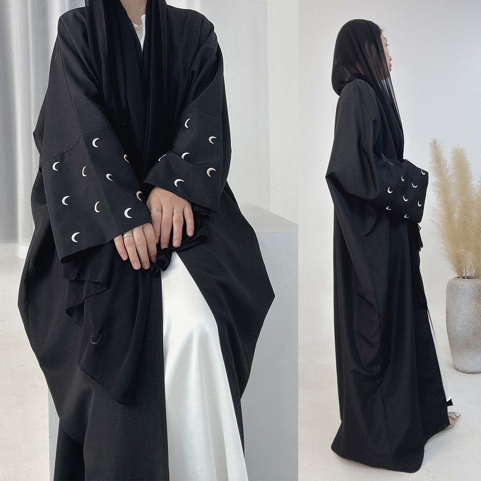 Nachtzwart Kimono Abaya Jurk met Maanborduur