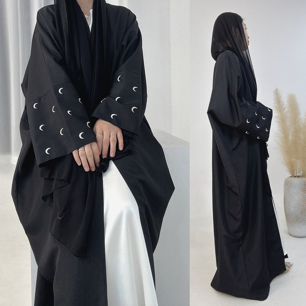 Nachtzwart Kimono Abaya Jurk met Maanborduur