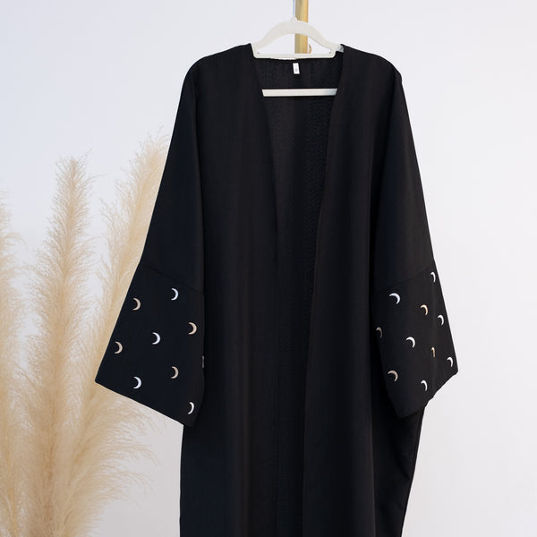 Nachtzwart Kimono Abaya Jurk met Maanborduur