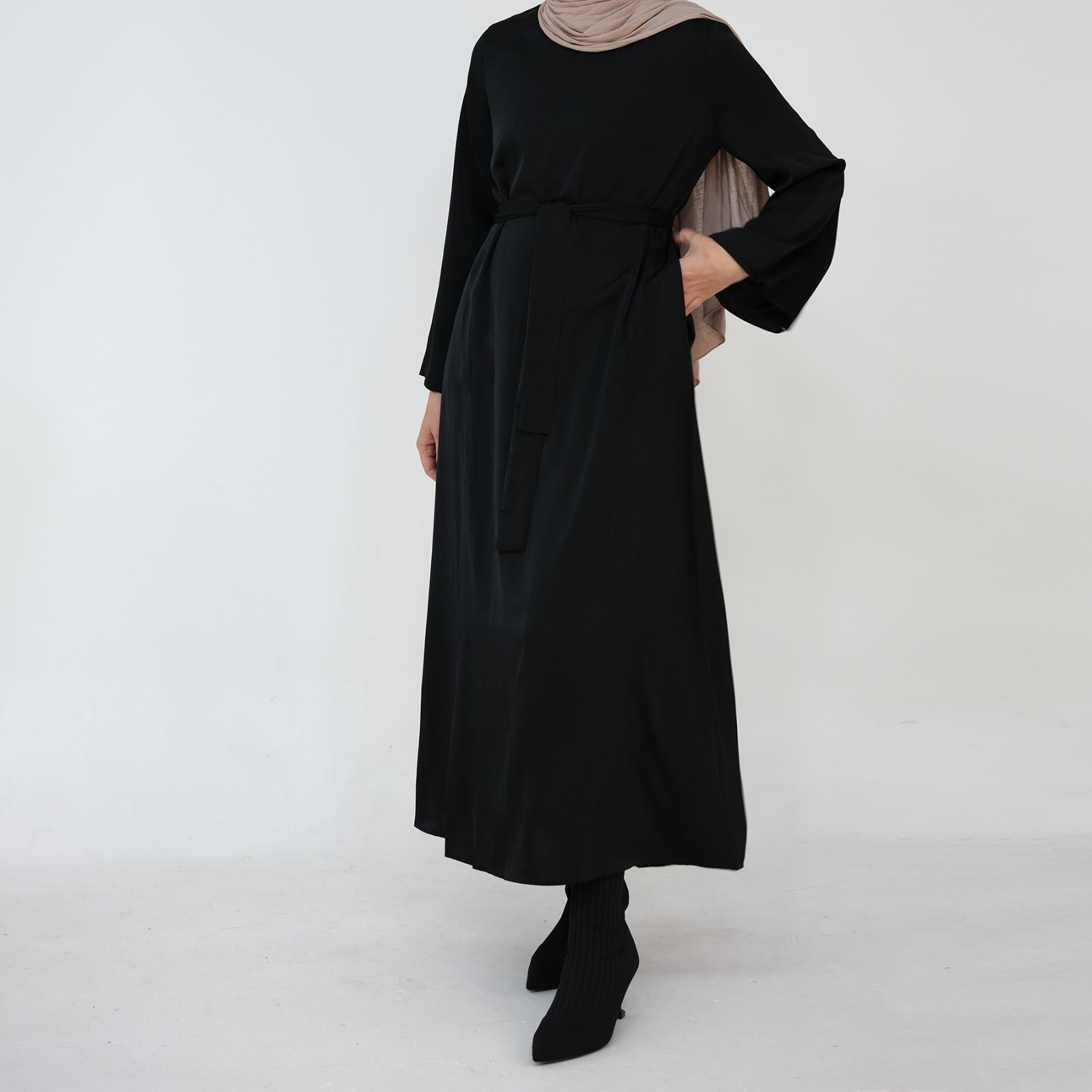 Nachtzwart Zijdezachte Satijn Abaya Jurk