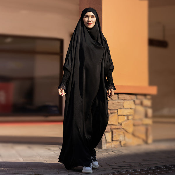 Nachtzwart Zijdezachte Satijn Onepiece Jilbab