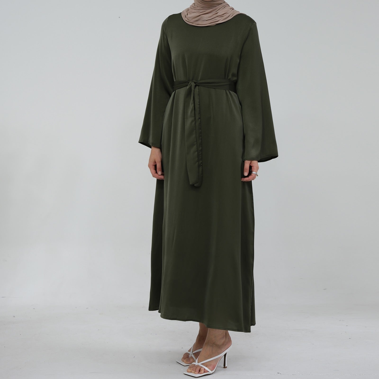 Olijfgroen Zijdezachte Satijn Abaya Jurk