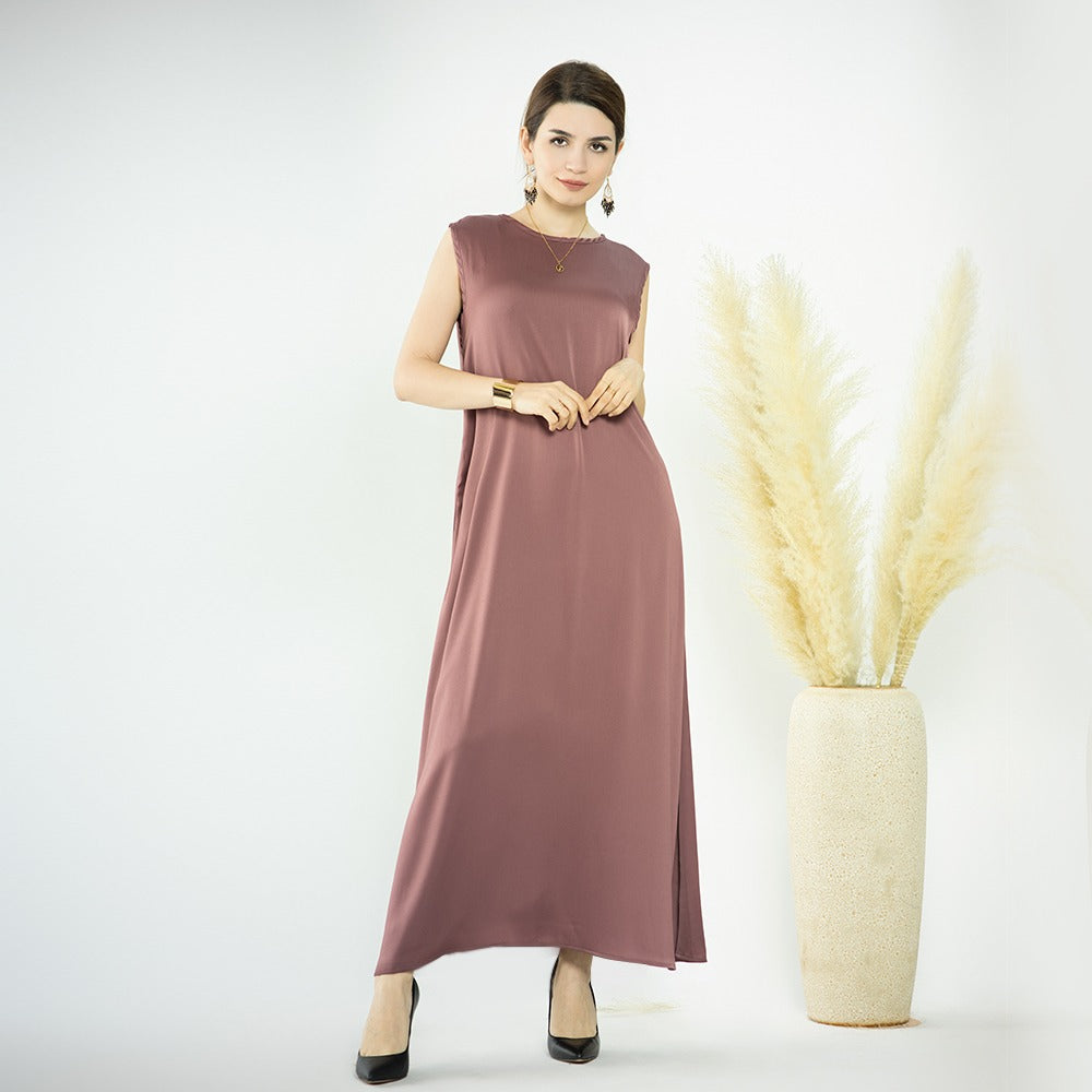 Rozetaupe Zijdezachte Satijn Mouwloze Jurk