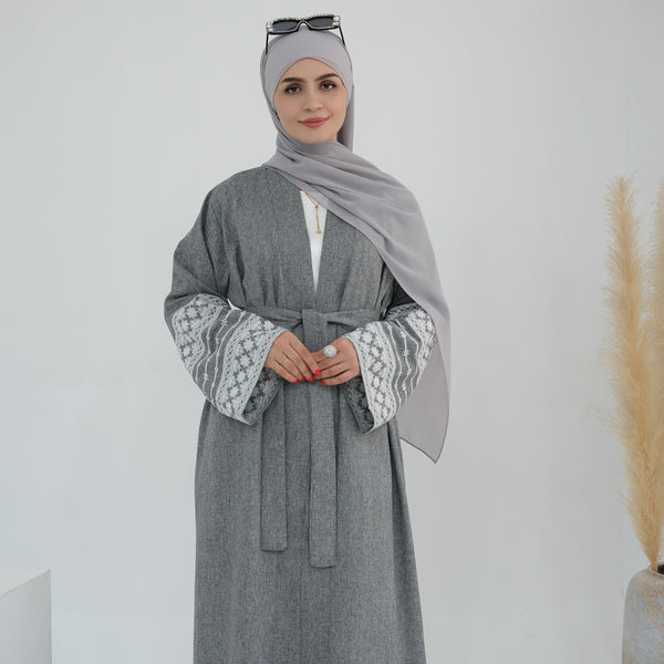 Stormgrijs Geborduurde Kimono Abaya Jurk