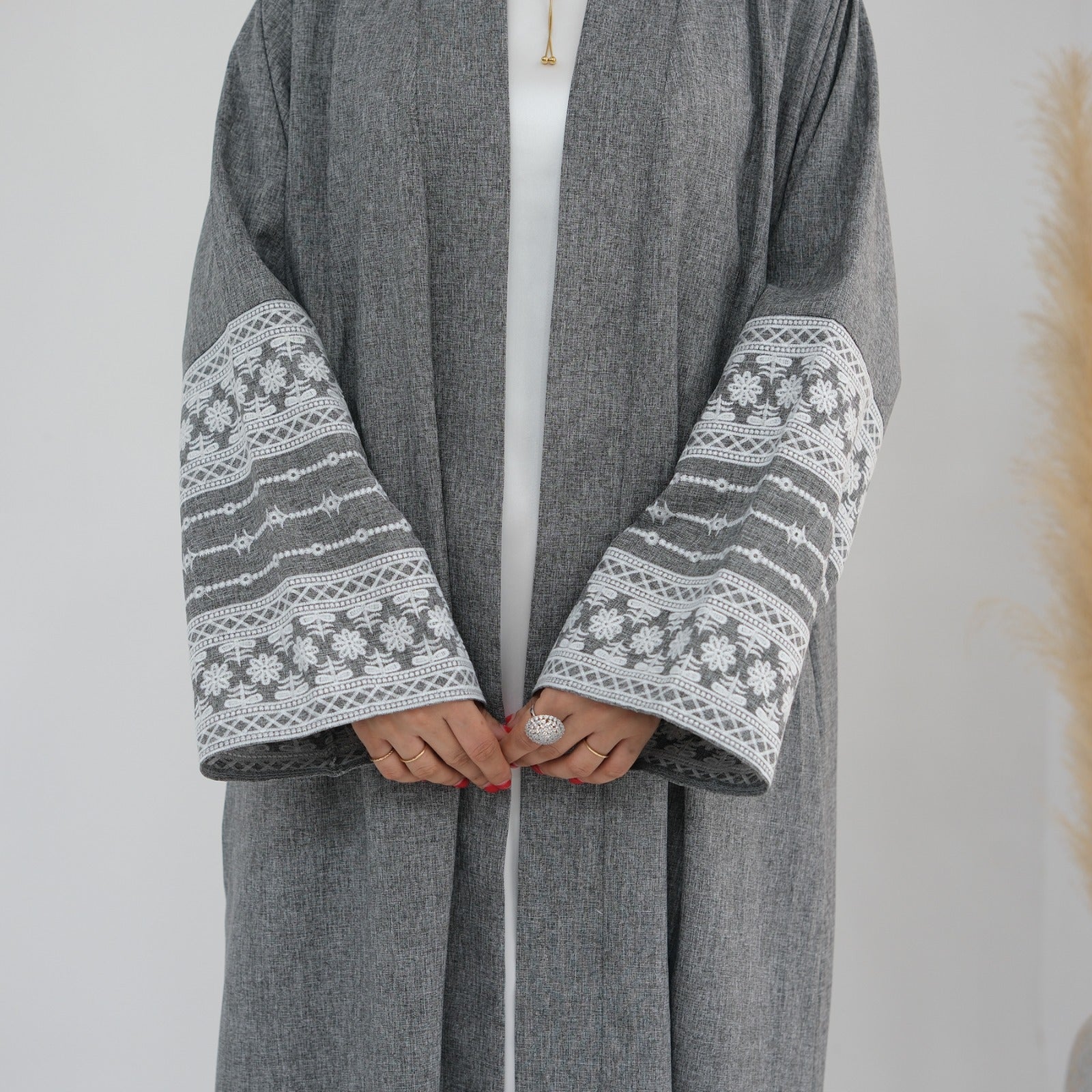 Stormgrijs Geborduurde Kimono Abaya Jurk