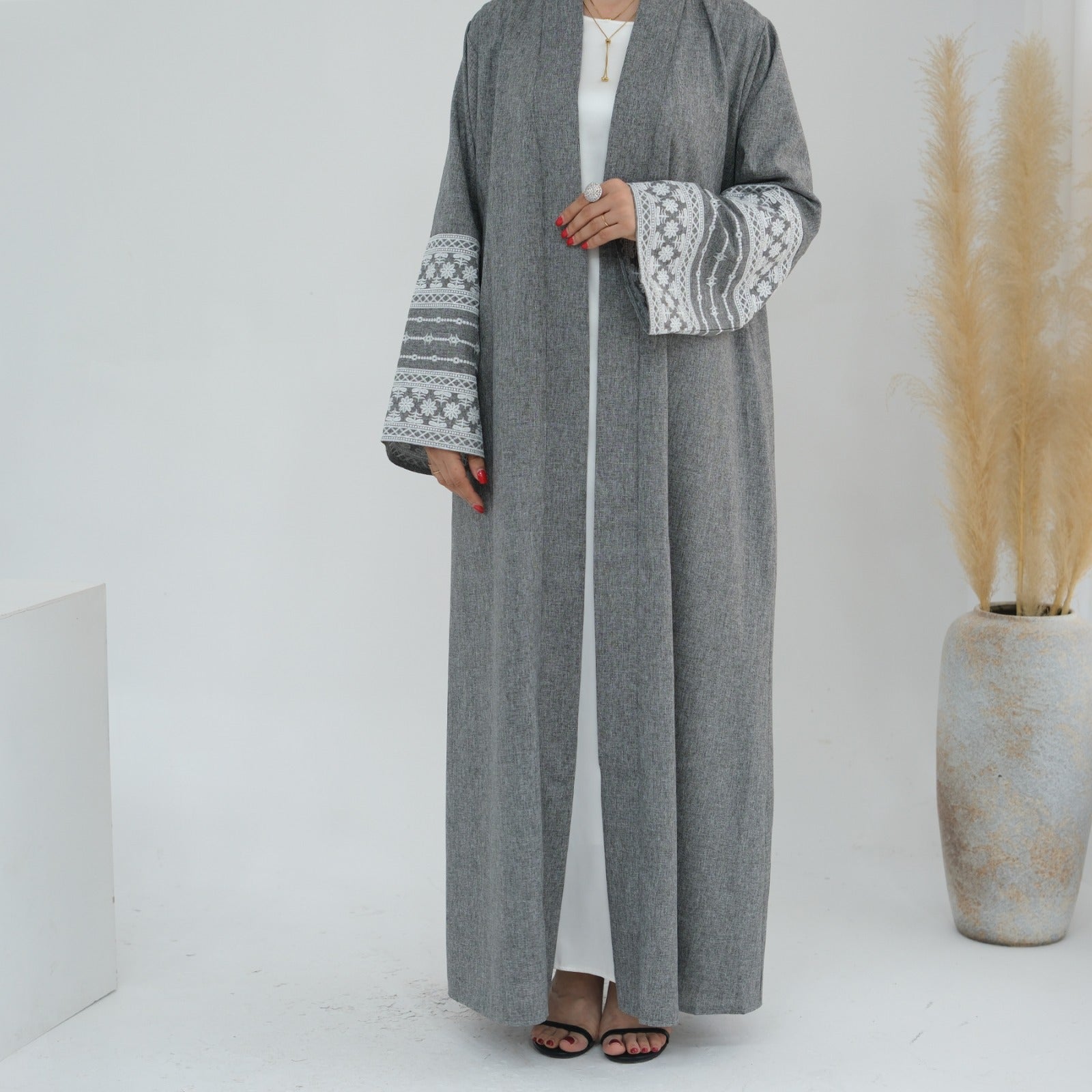 Stormgrijs Geborduurde Kimono Abaya Jurk