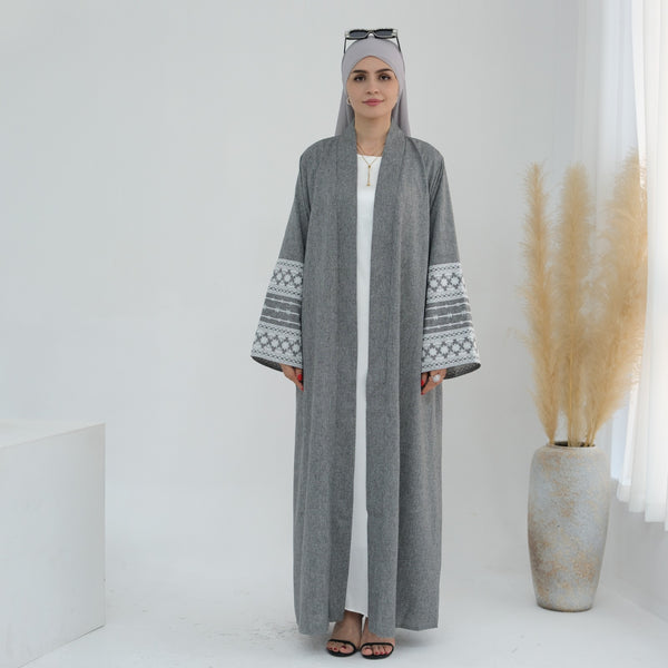 Stormgrijs Geborduurde Kimono Abaya Jurk