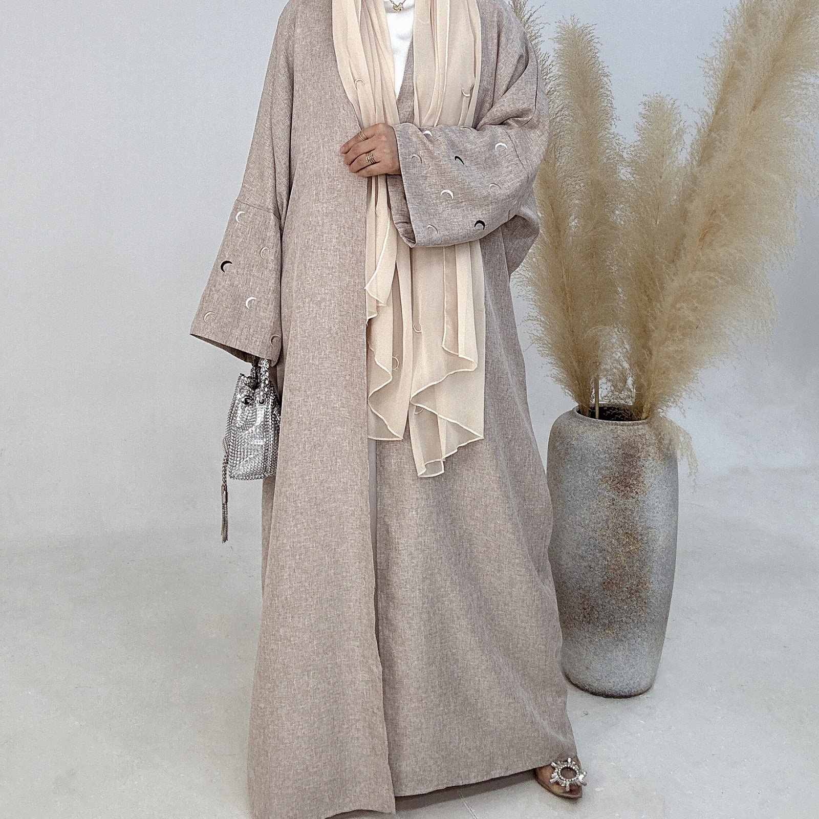 Zandbeige Kimono Abaya Jurk met Maanborduur