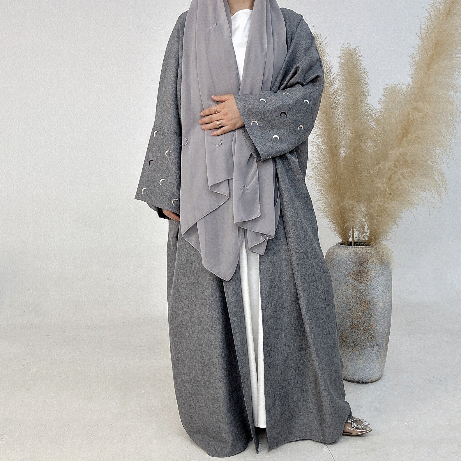 Stormgrijs Kimono Abaya Jurk met Maanborduur
