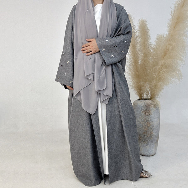 Stormgrijs Kimono Abaya Jurk met Maanborduur
