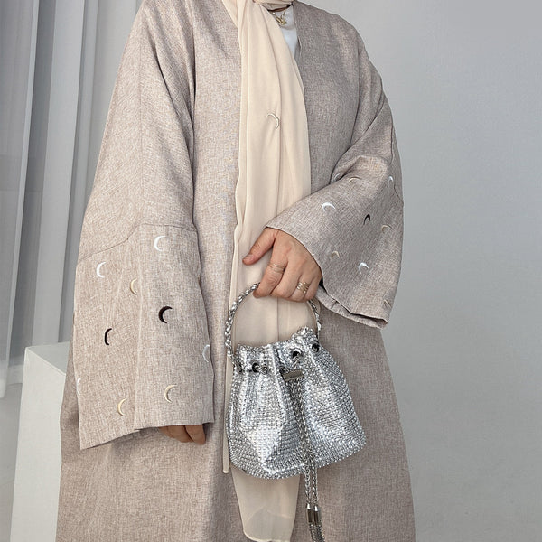 Zandbeige Kimono Abaya Jurk met Maanborduur