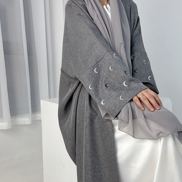Stormgrijs Kimono Abaya Jurk met Maanborduur