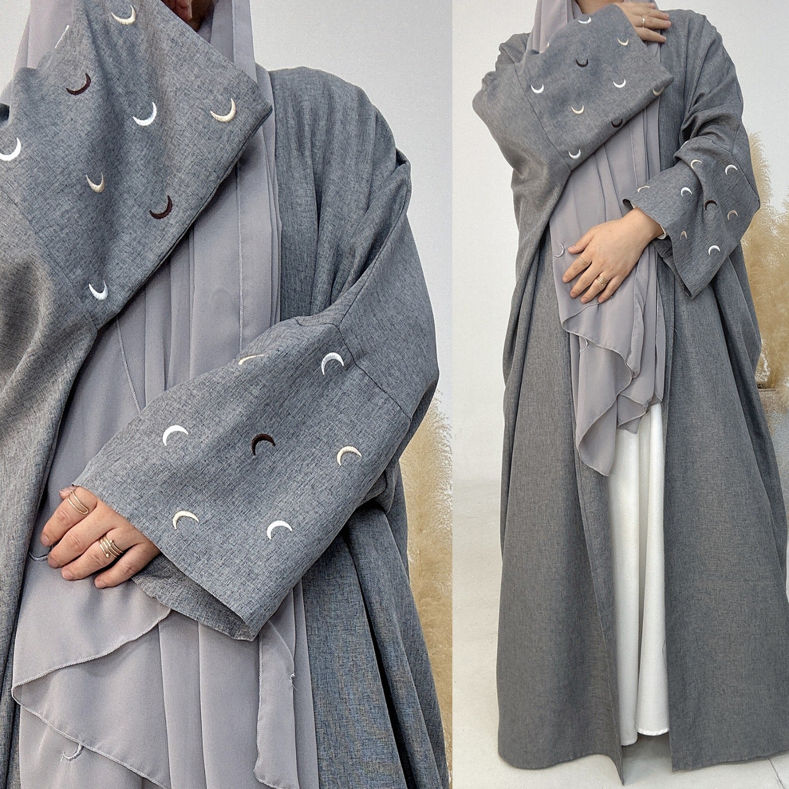Stormgrijs Kimono Abaya Jurk met Maanborduur