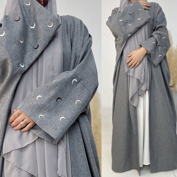 Stormgrijs Kimono Abaya Jurk met Maanborduur
