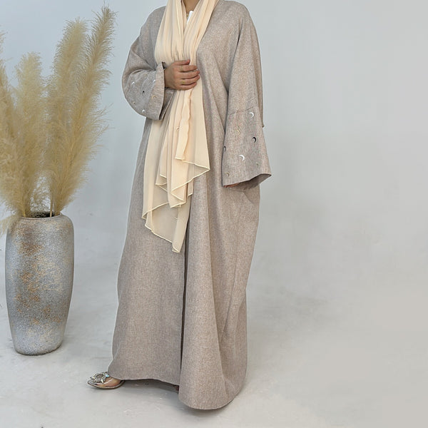 Zandbeige Kimono Abaya Jurk met Maanborduur